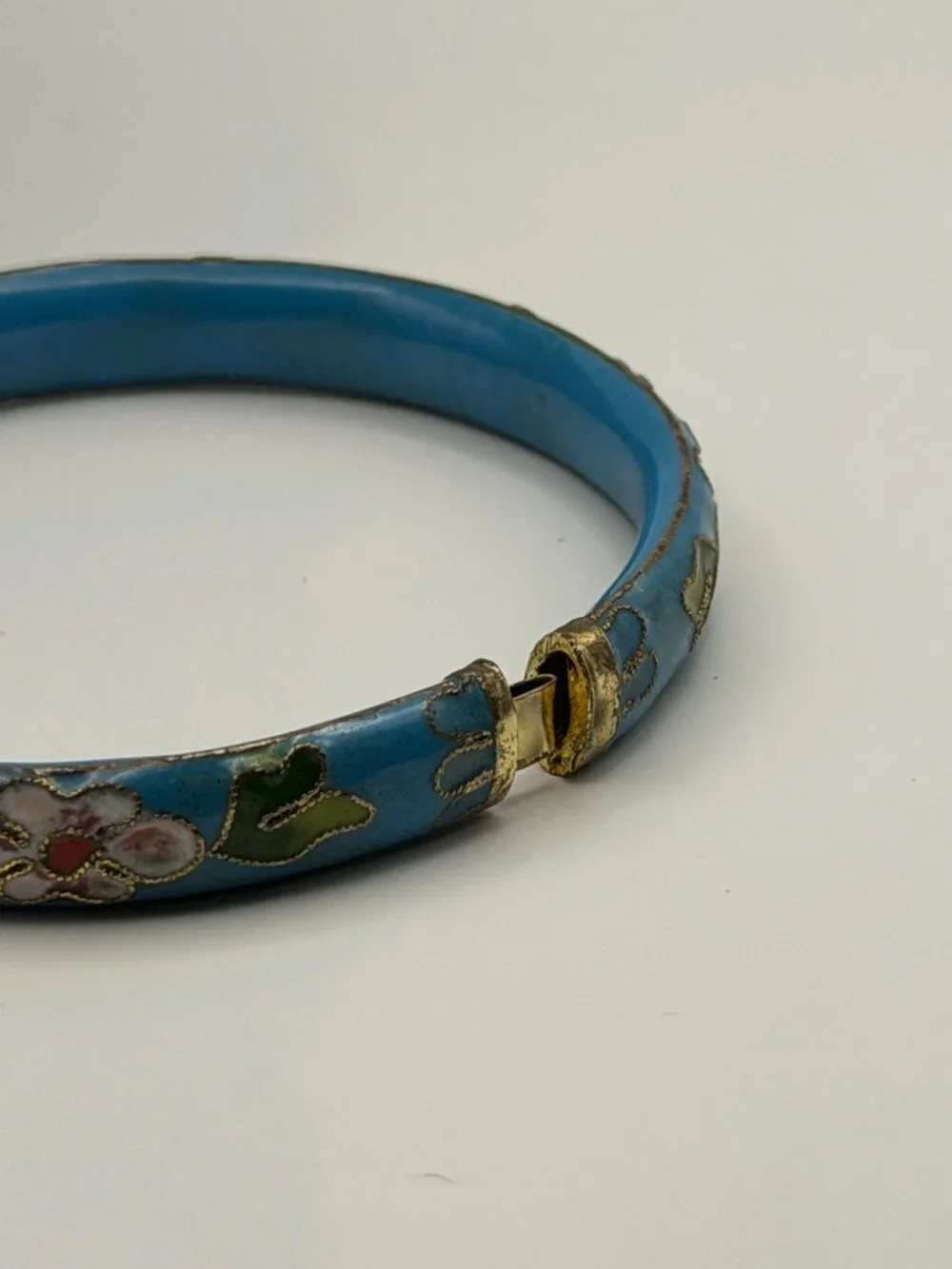 VTG Cloisonné Bracelet Bangle Cobalt Blue Enamel Gold Floral Hinged 3